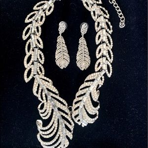 Feather Design Crystal Statement Necklace and Earrings Set